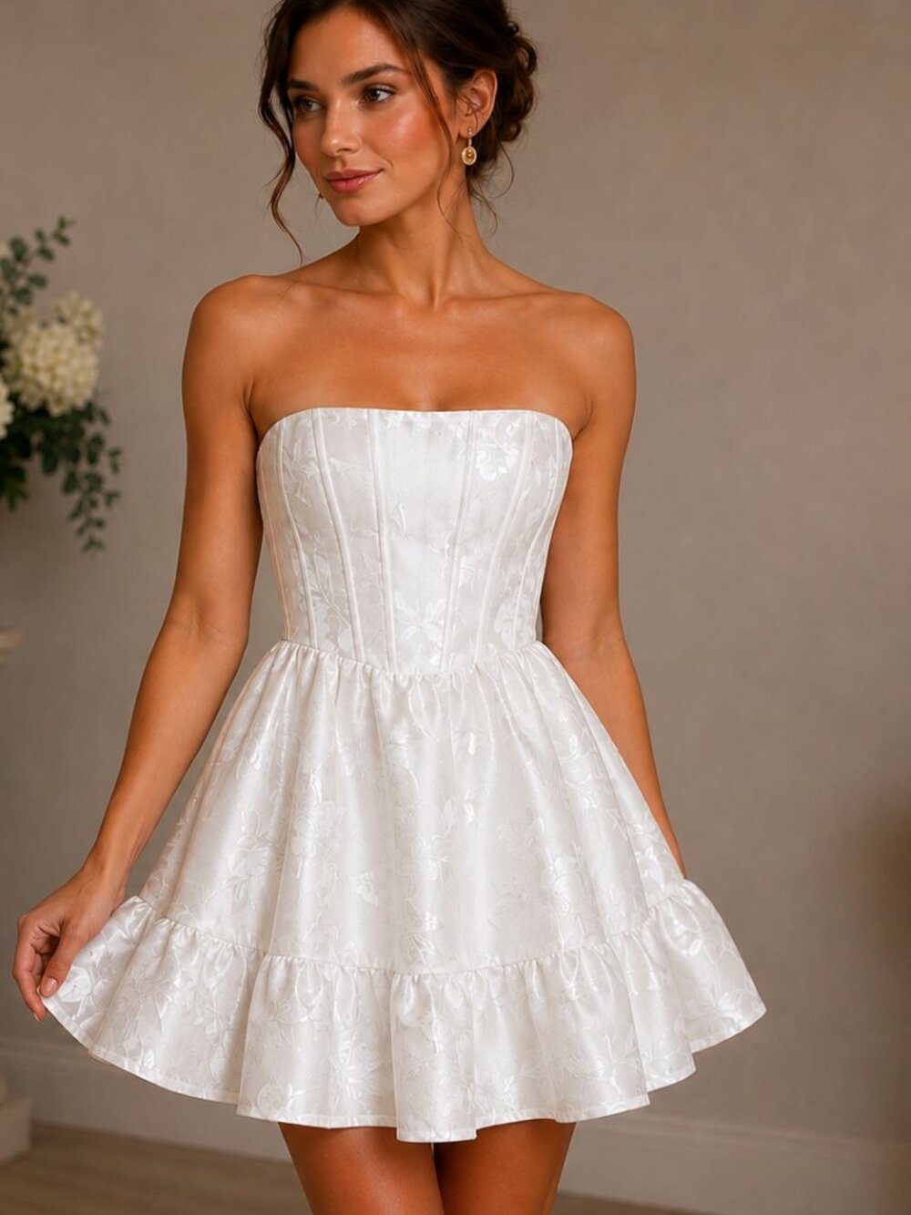 V. Chapman Ginny White Baroque Floral Strapless Corset Mini Dress Size 2
